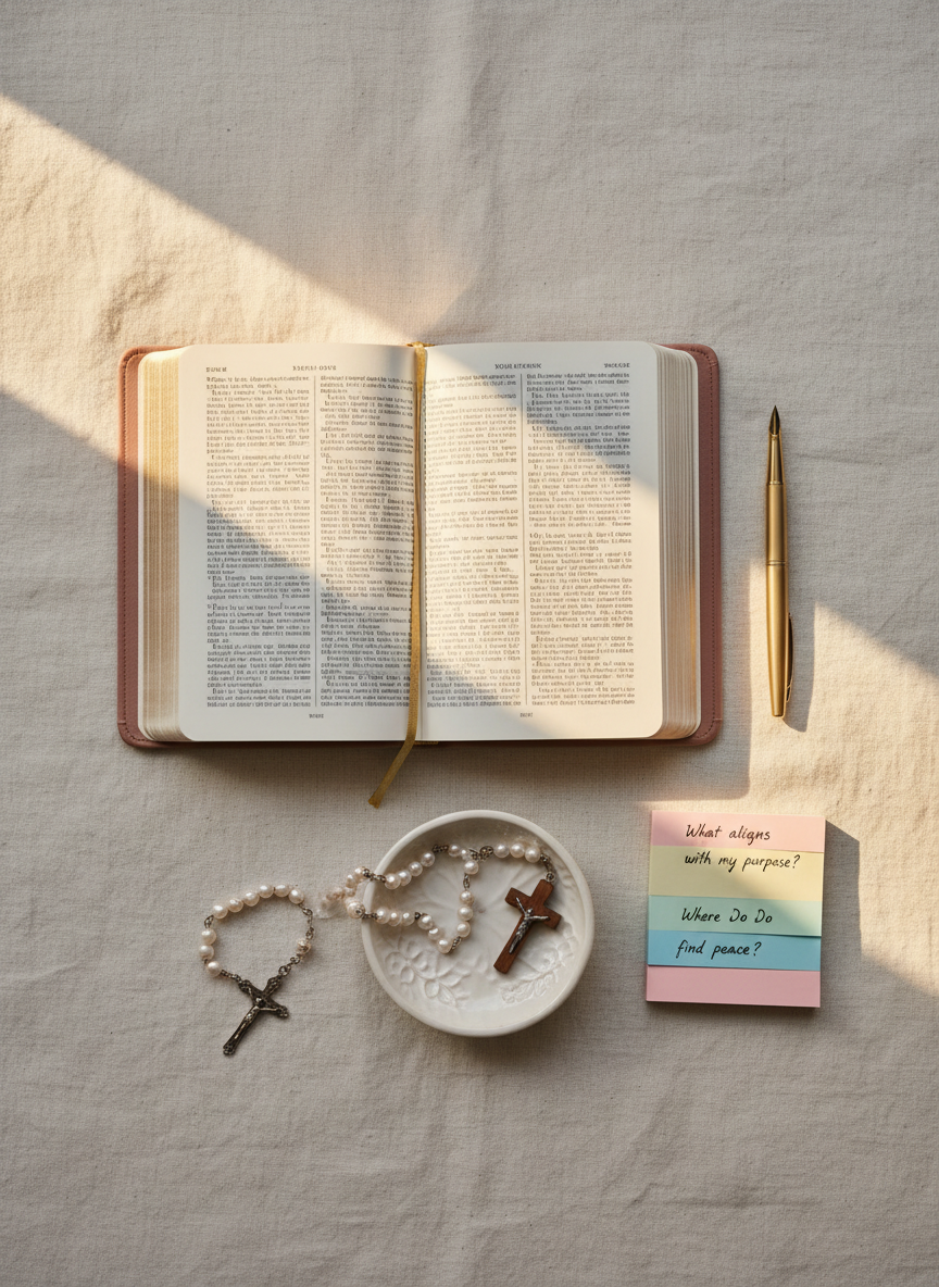 An elegant flat lay of discernment tools arranged on a textured cream linen backdrop: an open, gold-edged Bible with a light blush leather cover, a slim fountain pen, a small stack of pastel sticky notes with neatly written questions for reflection, and a delicate ceramic dish holding a tiny wooden cross and rosary. A thin beam of golden hour sunlight cuts across the scene from the top left, creating warm highlights on the gilt page edges and gentle shadows on the linen. Photographic realism with a top-down, carefully balanced composition emphasizes order and calm. The overall atmosphere is refined, feminine, and prayerful, perfectly embodying Christ-centered clarity, identity, and peace.